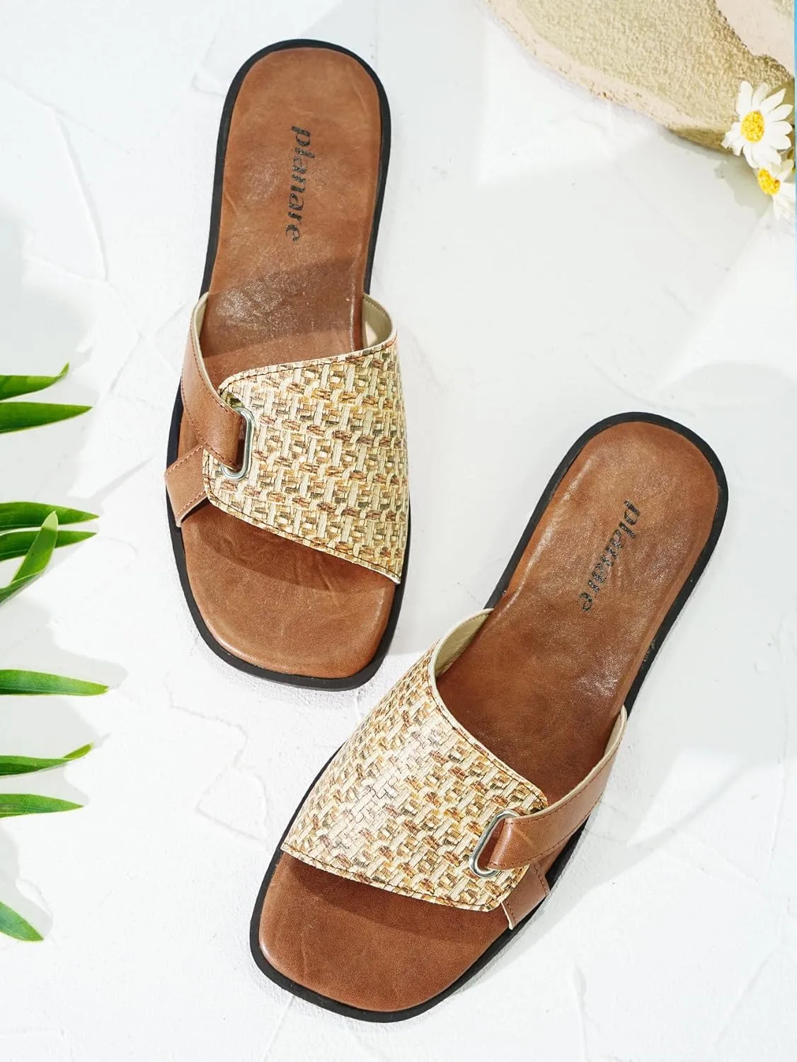 Womens Sandals Flat Slip-on Slide Woven Band Leather Strap Cross Detail,Boho Chic Open Square Toe Anti-Slip Mules,Dressy Casual Summer Shoes