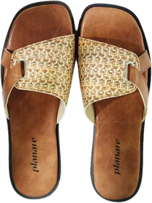 Womens Sandals Flat Slip-on Slide Woven Band Leather Strap Cross Detail,Boho Chic Open Square Toe Anti-Slip Mules,Dressy Casual Summer Shoes