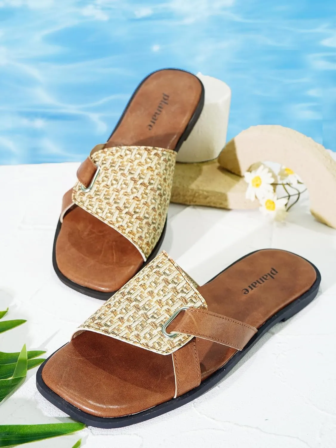 Womens Sandals Flat Slip-on Slide Woven Band Leather Strap Cross Detail,Boho Chic Open Square Toe Anti-Slip Mules,Dressy Casual Summer Shoes