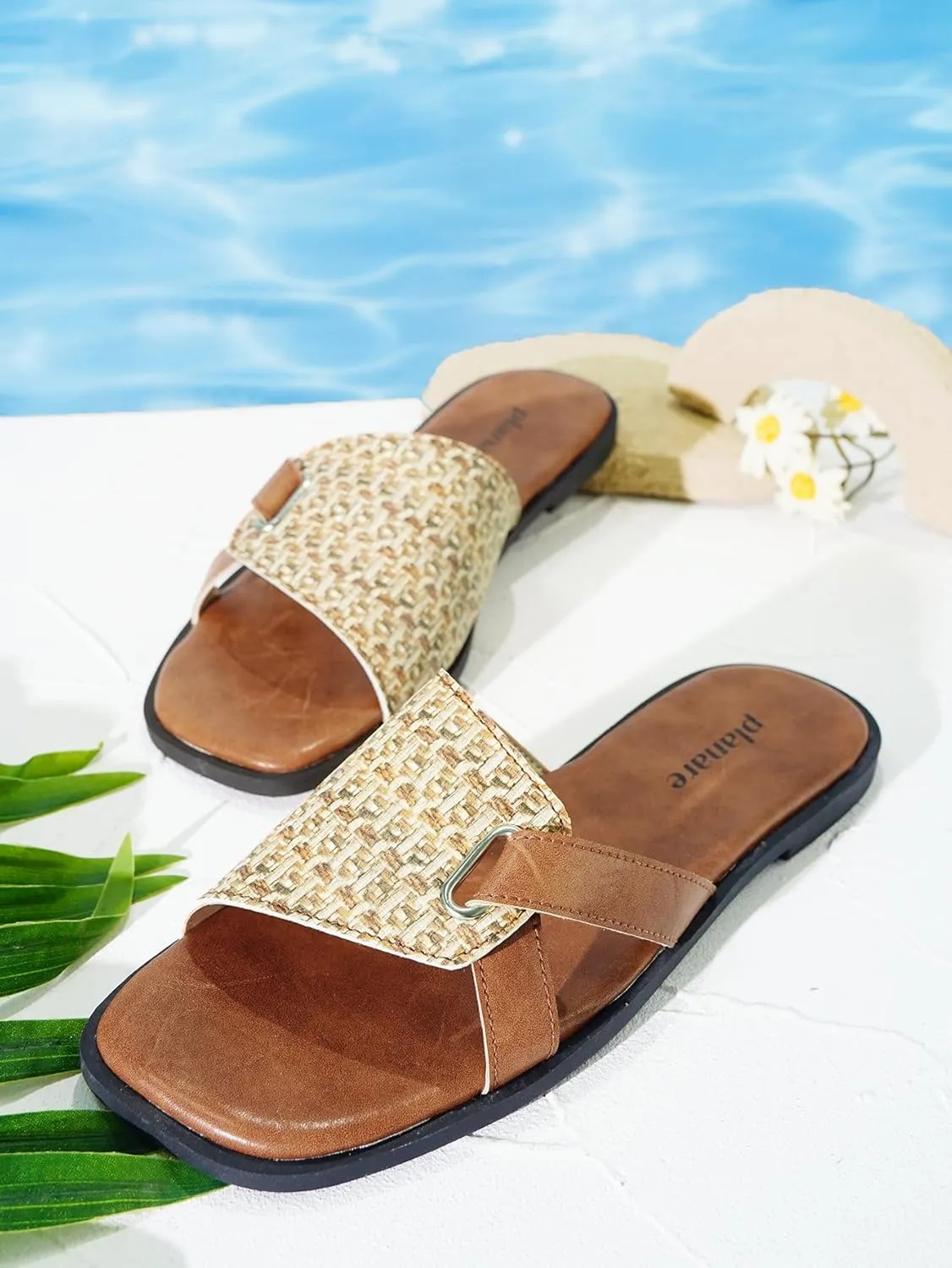 Womens Sandals Flat Slip-on Slide Woven Band Leather Strap Cross Detail,Boho Chic Open Square Toe Anti-Slip Mules,Dressy Casual Summer Shoes
