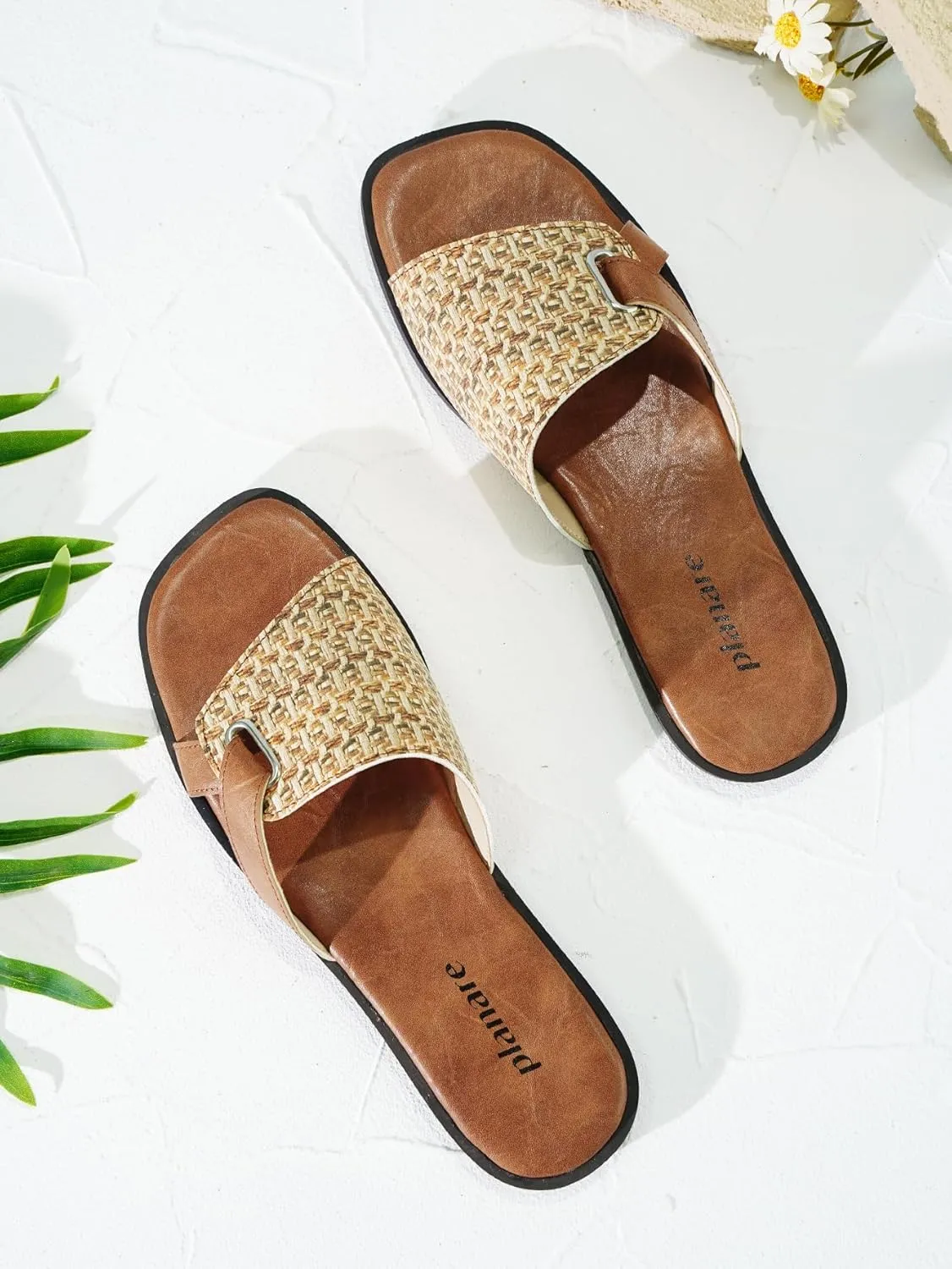 Womens Sandals Flat Slip-on Slide Woven Band Leather Strap Cross Detail,Boho Chic Open Square Toe Anti-Slip Mules,Dressy Casual Summer Shoes