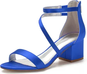 Women's Satin Block Heels Wedding Sandals Ankle Strap Comfortable Bridal Shoes Formal Evening Prom Party Shoes