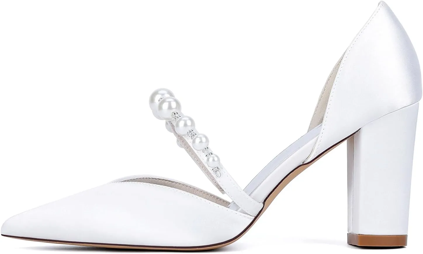 Women's Satin Bridal Shoes with Pearls Ankle Strap Block Heel Dress Pumps Pointy Toe Slip on Wedding Party Court Shoes