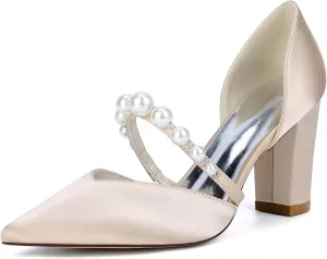 Women's Satin Bridal Shoes with Pearls Ankle Strap Block Heel Dress Pumps Pointy Toe Slip on Wedding Party Court Shoes