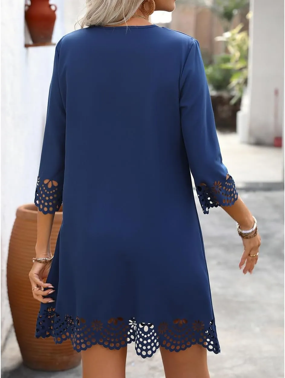 Women's Sexy Stylish 3/4 Long Sleeve Loose V Neck Lace A-Line Swing Cocktail Party Dresses