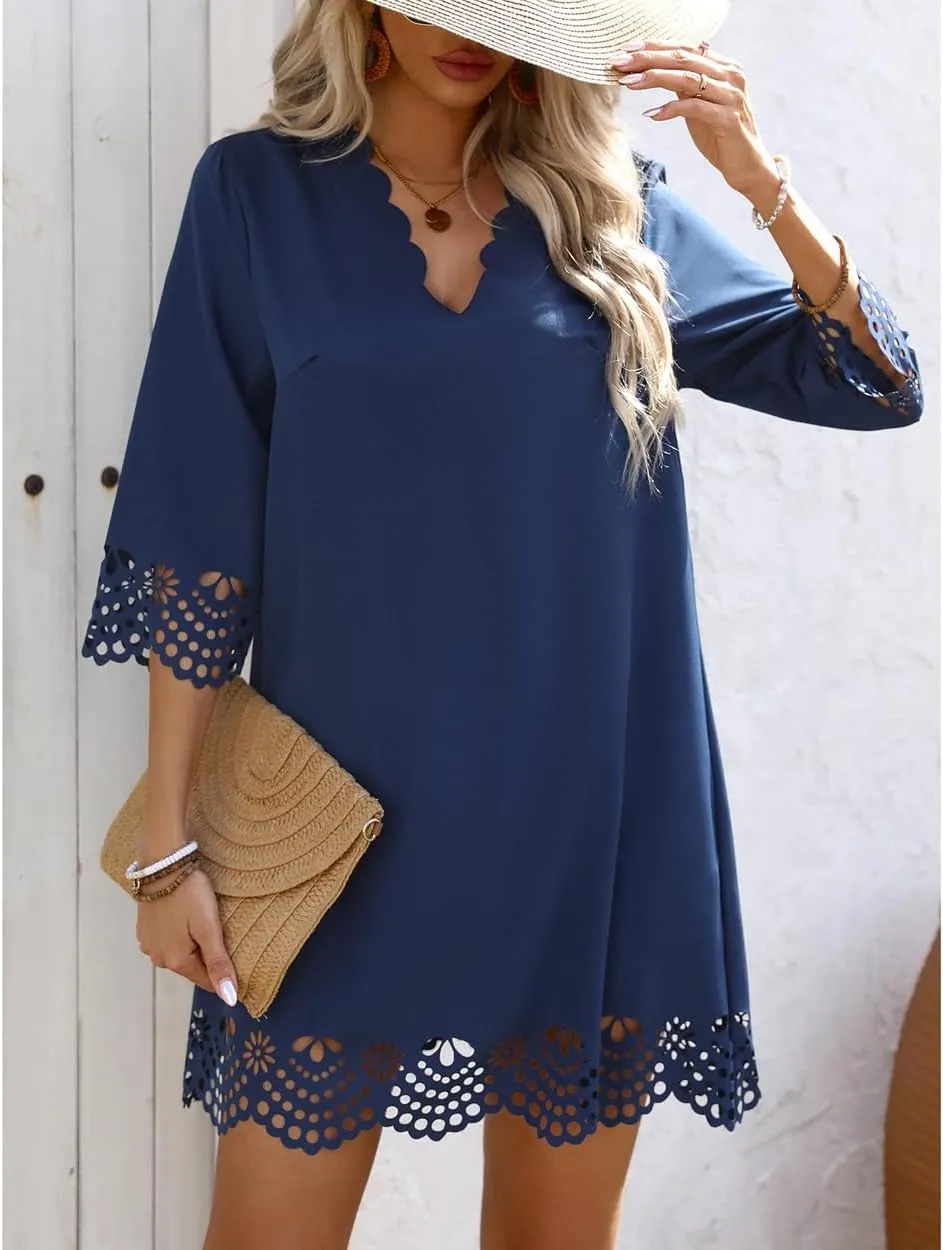 Women's Sexy Stylish 3/4 Long Sleeve Loose V Neck Lace A-Line Swing Cocktail Party Dresses