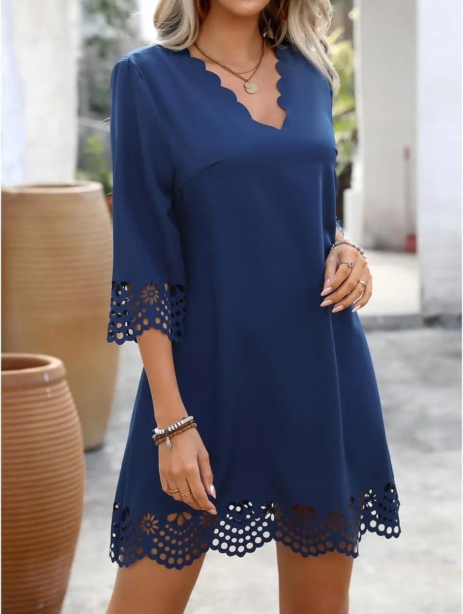 Women's Sexy Stylish 3/4 Long Sleeve Loose V Neck Lace A-Line Swing Cocktail Party Dresses