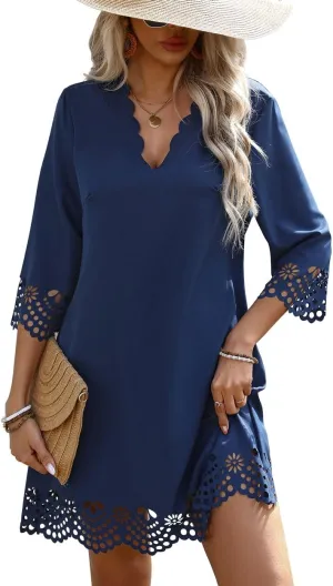 Women's Sexy Stylish 3/4 Long Sleeve Loose V Neck Lace A-Line Swing Cocktail Party Dresses