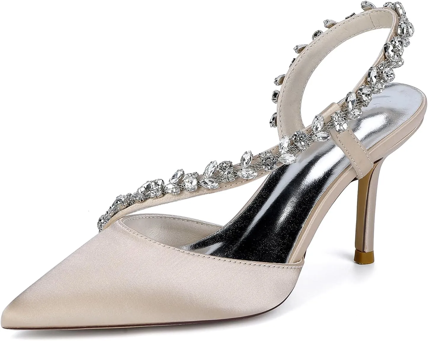 Women's Slingback Wedding Dress Shoes Slip-On High Heels Sandals Satin Pointed Toe Rhinestones S Strap Bridal Shoes