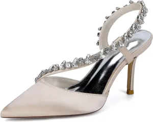 Women's Slingback Wedding Dress Shoes Slip-On High Heels Sandals Satin Pointed Toe Rhinestones S Strap Bridal Shoes