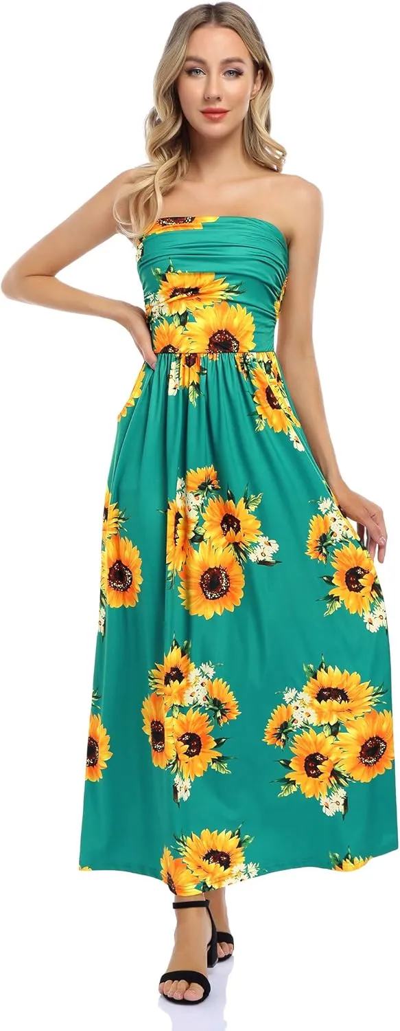 Womens Strapless Graceful Floral Party Maxi Dress