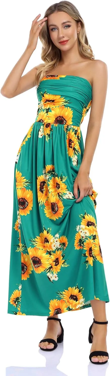 Womens Strapless Graceful Floral Party Maxi Dress