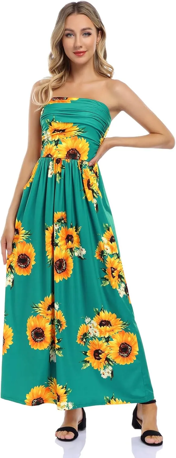 Womens Strapless Graceful Floral Party Maxi Dress