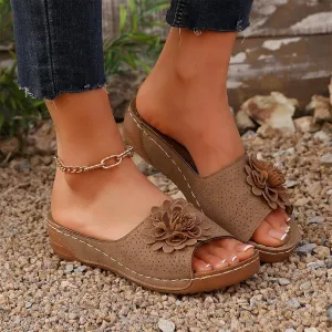 Womens Summer Shoes 2025, Low Wedge Sandals Retro Bohemian Suede Leather Floral Breathable Slip On Orthopedic Arch Support Slide Sandals