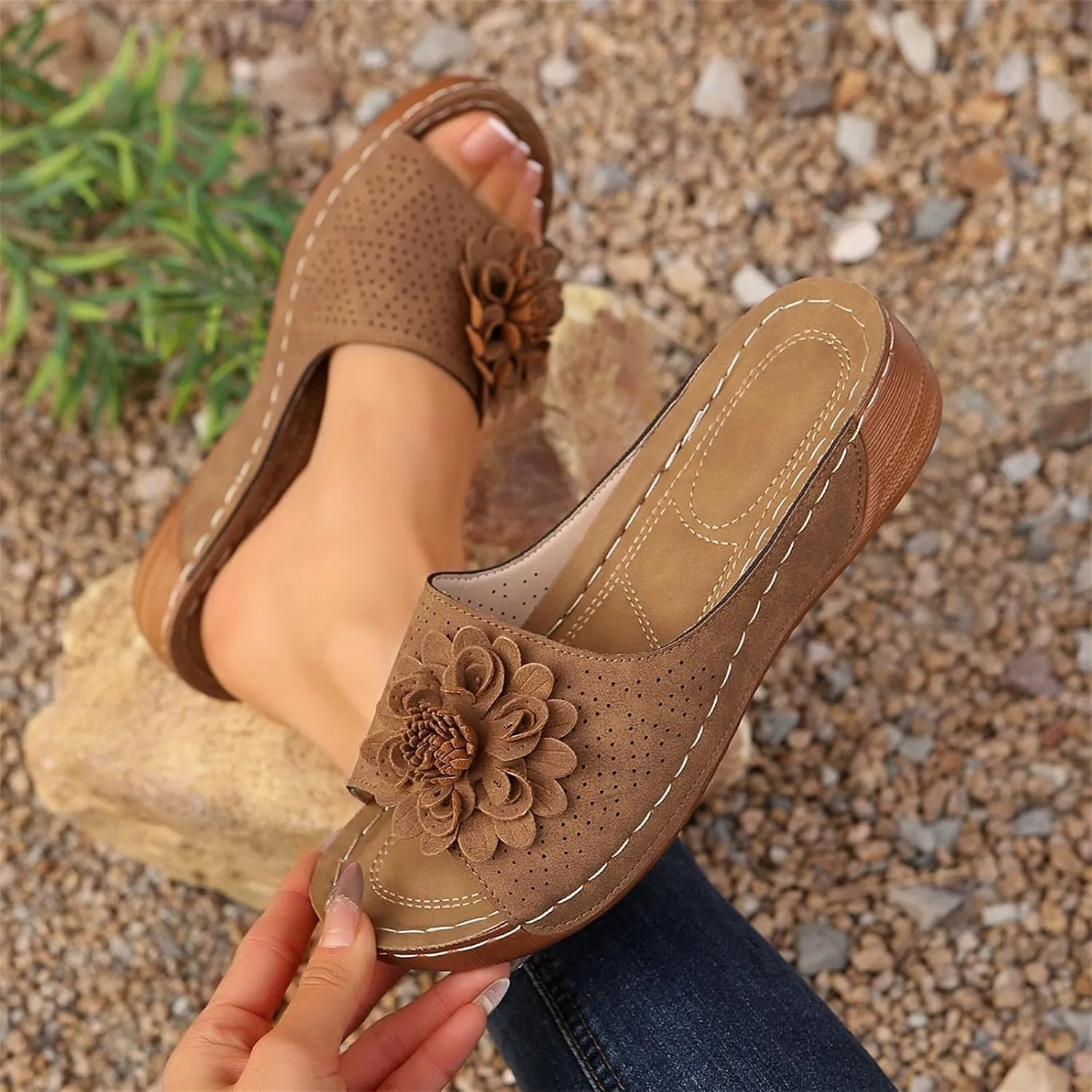 Womens Summer Shoes 2025, Low Wedge Sandals Retro Bohemian Suede Leather Floral Breathable Slip On Orthopedic Arch Support Slide Sandals