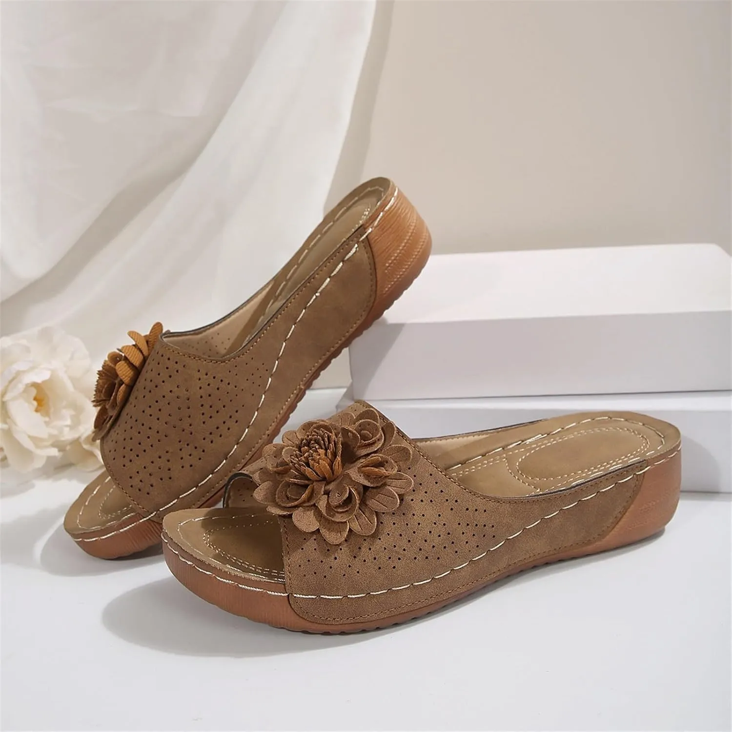 Womens Summer Shoes 2025, Low Wedge Sandals Retro Bohemian Suede Leather Floral Breathable Slip On Orthopedic Arch Support Slide Sandals