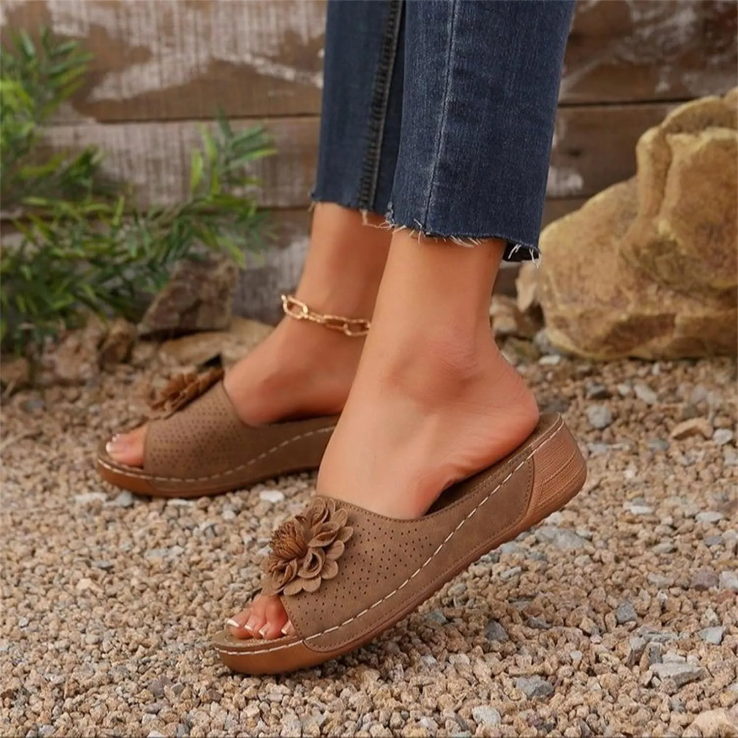 Womens Summer Shoes 2025, Low Wedge Sandals Retro Bohemian Suede Leather Floral Breathable Slip On Orthopedic Arch Support Slide Sandals