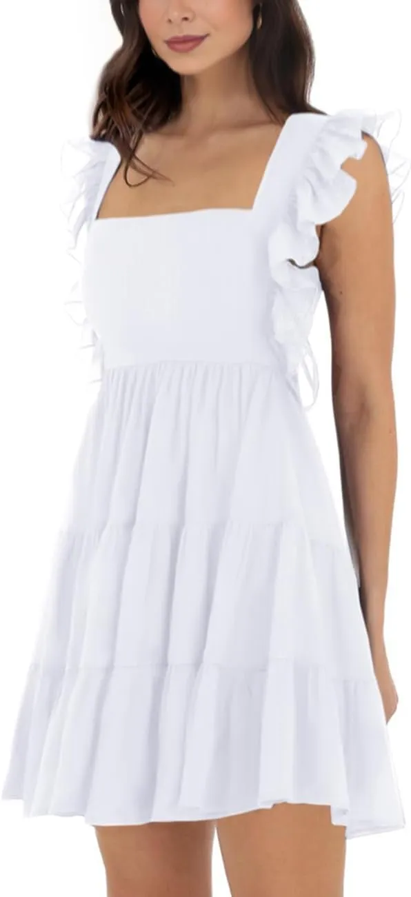 Women’s Summer Square Neck Tie Back Ruffle Sleeve Tiered Casual A-Line Short Mini Dress