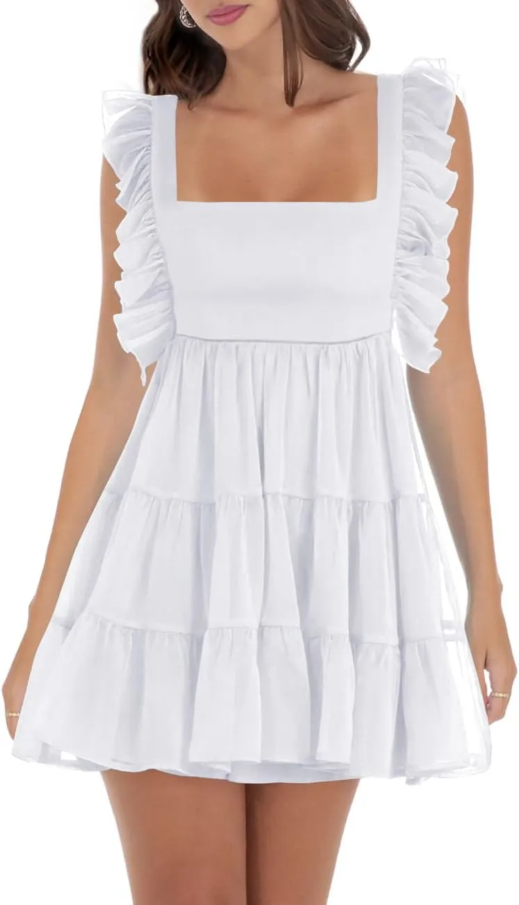 Women’s Summer Square Neck Tie Back Ruffle Sleeve Tiered Casual A-Line Short Mini Dress