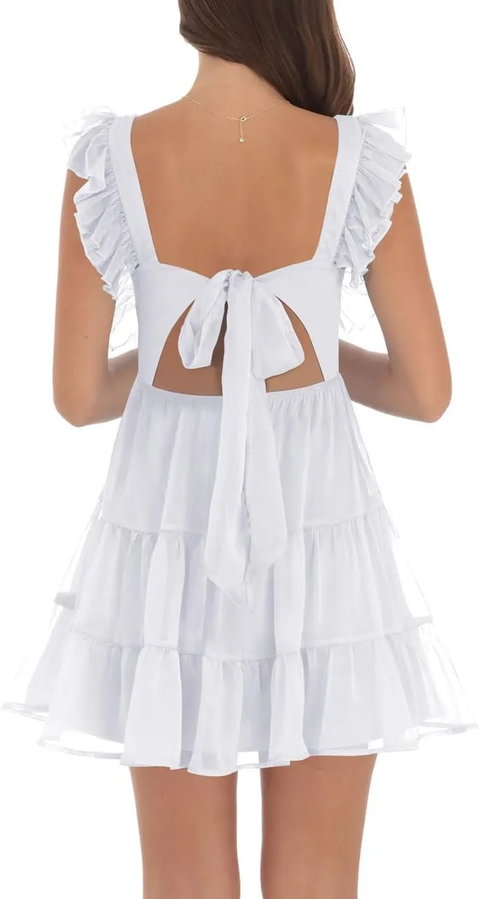 Women’s Summer Square Neck Tie Back Ruffle Sleeve Tiered Casual A-Line Short Mini Dress