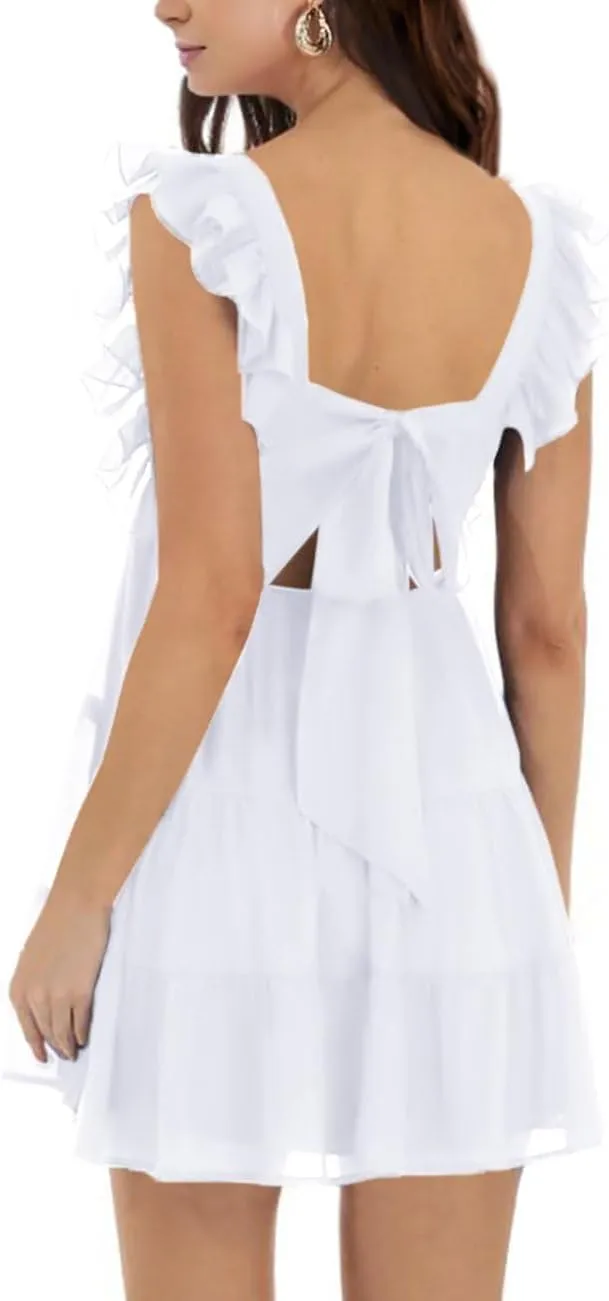 Women’s Summer Square Neck Tie Back Ruffle Sleeve Tiered Casual A-Line Short Mini Dress