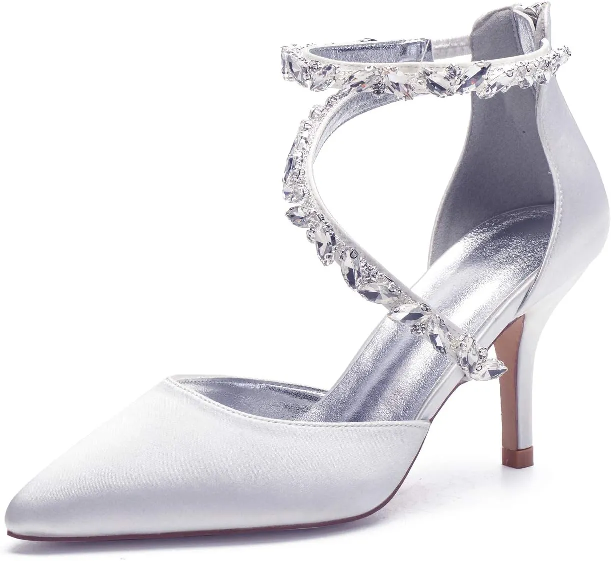 Women's Wedding Shoes for Bride High Heels Sandals Pointed Toe Bridal Shoes Ankle Strap Zipper Beaded Satin Prom Party Dress Pumps