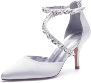 Women's Wedding Shoes for Bride High Heels Sandals Pointed Toe Bridal Shoes Ankle Strap Zipper Beaded Satin Prom Party Dress Pumps