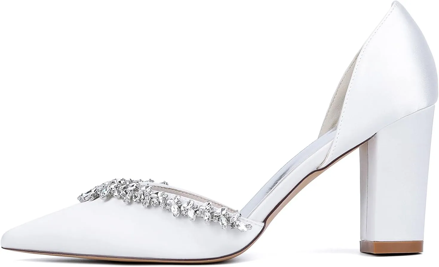 Women's Weeding Shoes Closed Toe Satin Rhinestones Block Heel Dress Pumps Pointy Toe Slip on Party Court Shoes