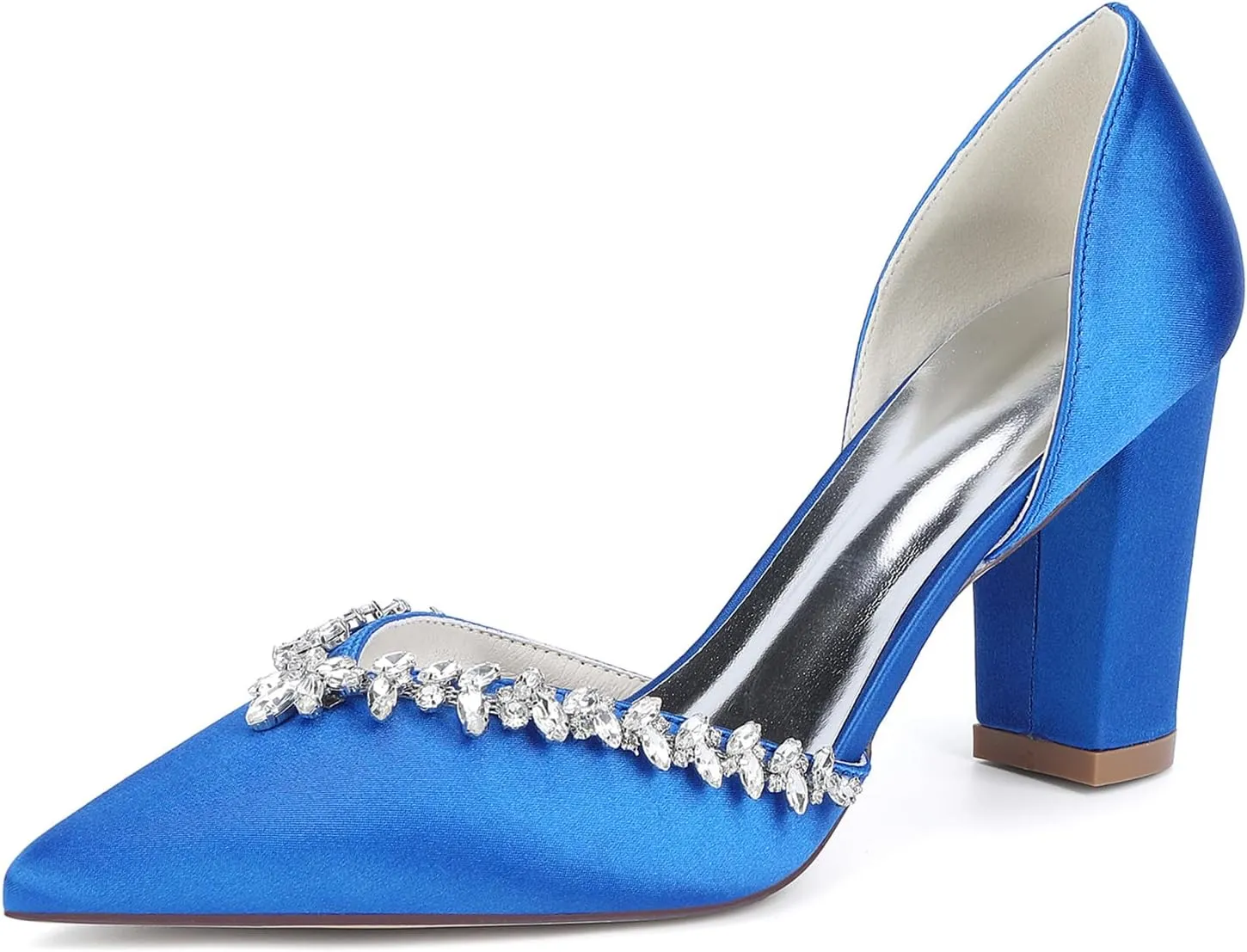 Women's Weeding Shoes Closed Toe Satin Rhinestones Block Heel Dress Pumps Pointy Toe Slip on Party Court Shoes