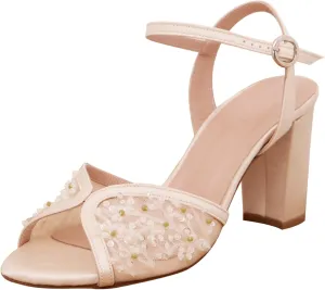 Womens White Tulle Mesh Heeled Sandals Square Toe Adjustable Metal Buckle Heels Elegantly Lacy Embroidery Wedding Bridal Party Dress Block Heel Sandals