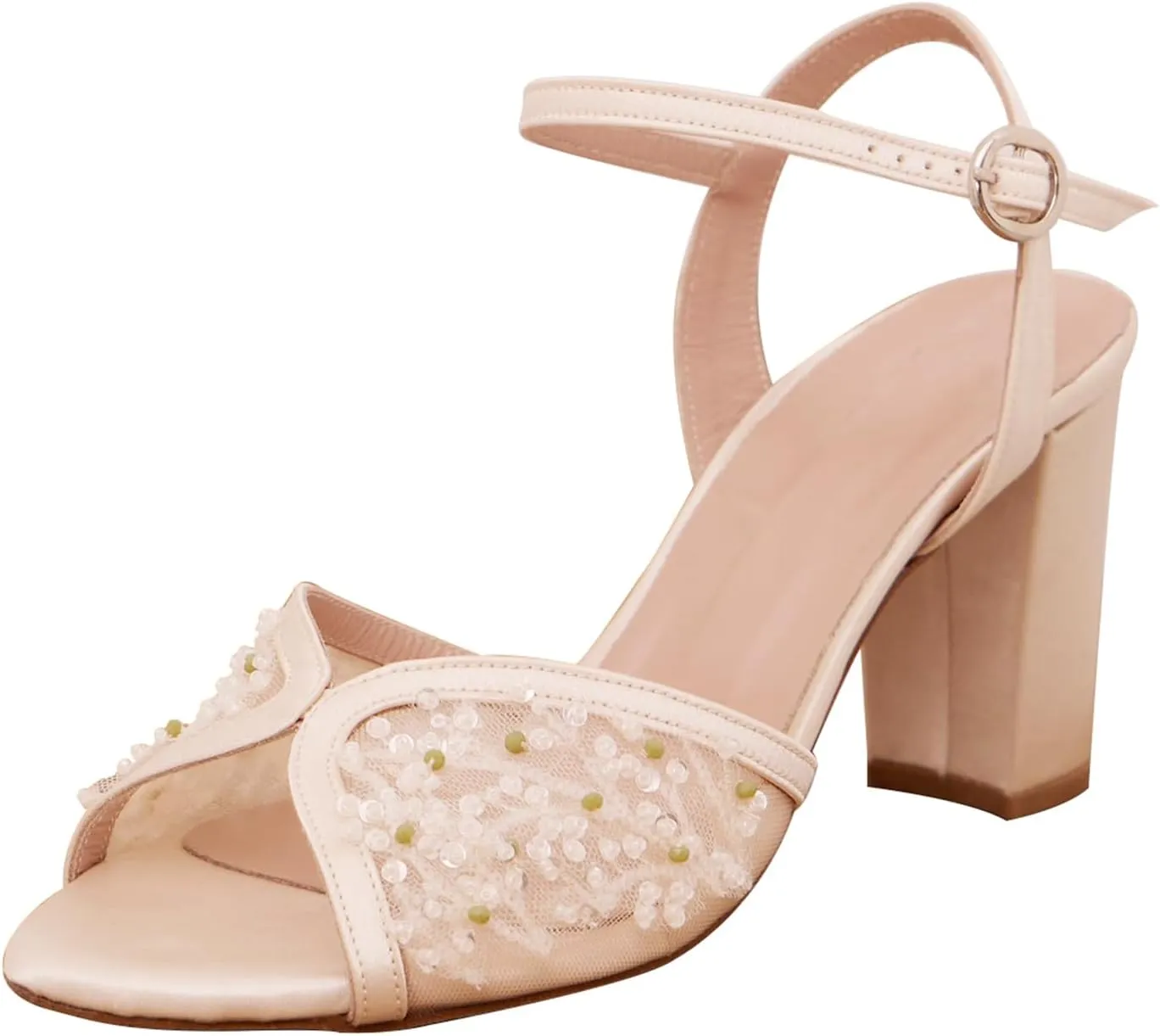Womens White Tulle Mesh Heeled Sandals Square Toe Adjustable Metal Buckle Heels Elegantly Lacy Embroidery Wedding Bridal Party Dress Block Heel Sandals
