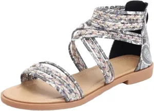 Womens Zip Back Strap Flat Heel Open Side Vamp Modern Sandals PU Upper Rhinestone Vintage Bohemian Summer Sandals