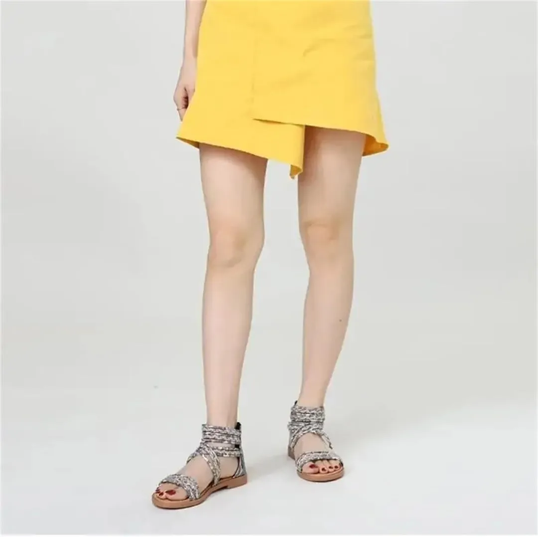 Womens Zip Back Strap Flat Heel Open Side Vamp Modern Sandals PU Upper Rhinestone Vintage Bohemian Summer Sandals
