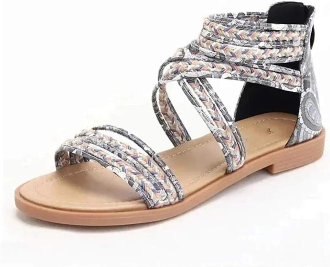 Womens Zip Back Strap Flat Heel Open Side Vamp Modern Sandals PU Upper Rhinestone Vintage Bohemian Summer Sandals