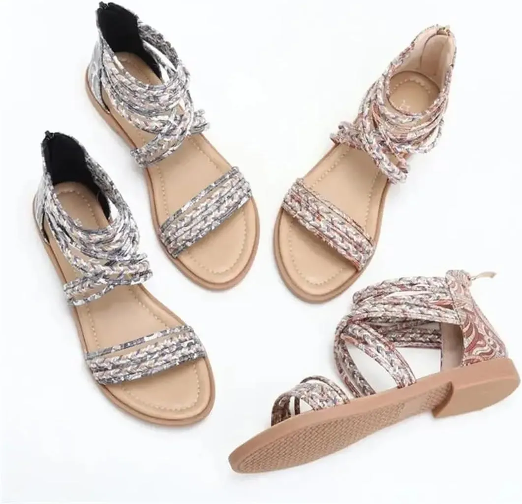 Womens Zip Back Strap Flat Heel Open Side Vamp Modern Sandals PU Upper Rhinestone Vintage Bohemian Summer Sandals