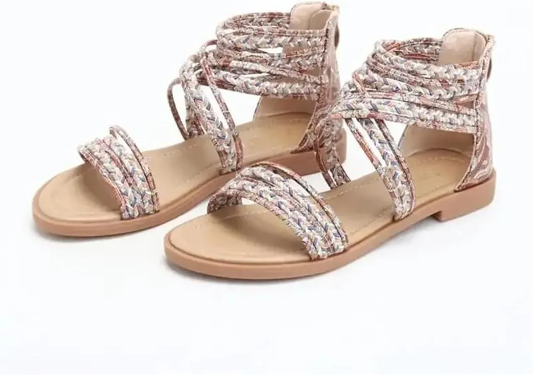 Womens Zip Back Strap Flat Heel Open Side Vamp Modern Sandals PU Upper Rhinestone Vintage Bohemian Summer Sandals