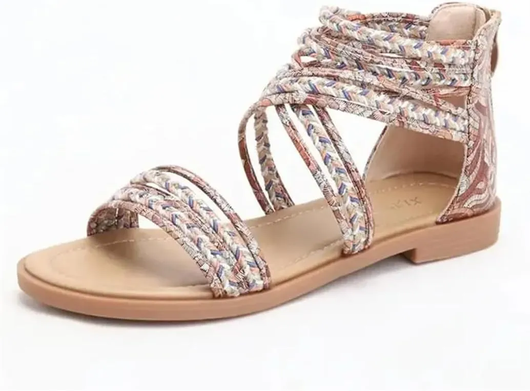 Womens Zip Back Strap Flat Heel Open Side Vamp Modern Sandals PU Upper Rhinestone Vintage Bohemian Summer Sandals