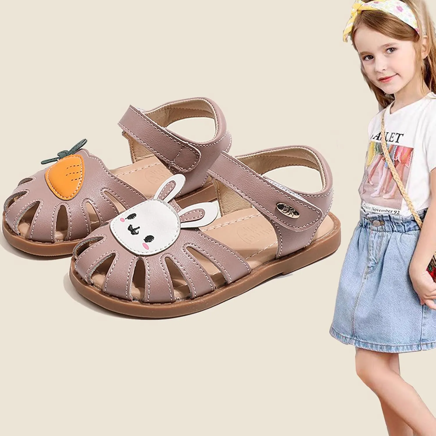 WUIWUIYU Toddlers Little Girls T-Strap Hook&Loop Dress Strawberry Summer Shoes Closed Toe Carrot Sandals