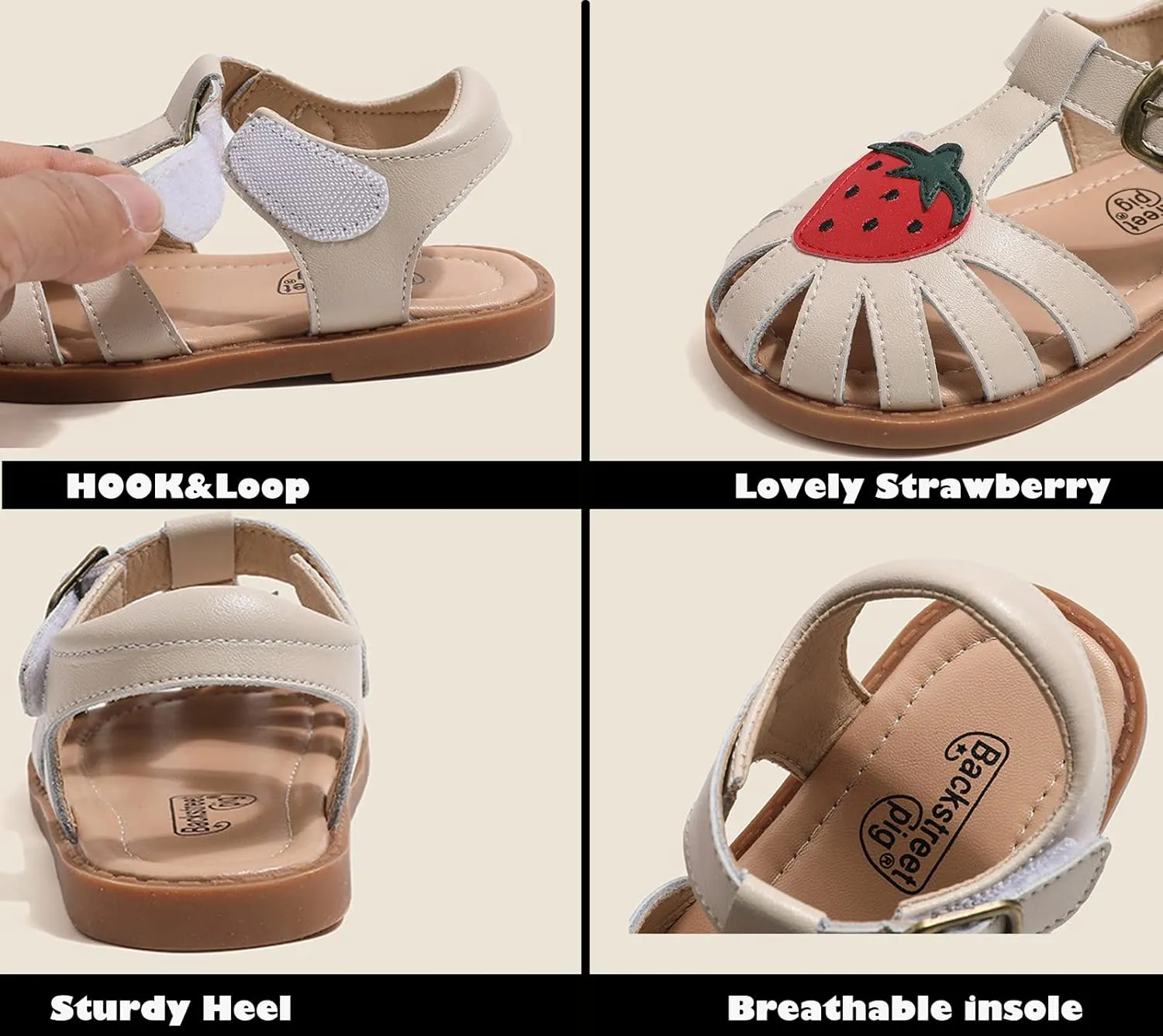 WUIWUIYU Toddlers Little Girls T-Strap Hook&Loop Dress Strawberry Summer Shoes Closed Toe Sandals