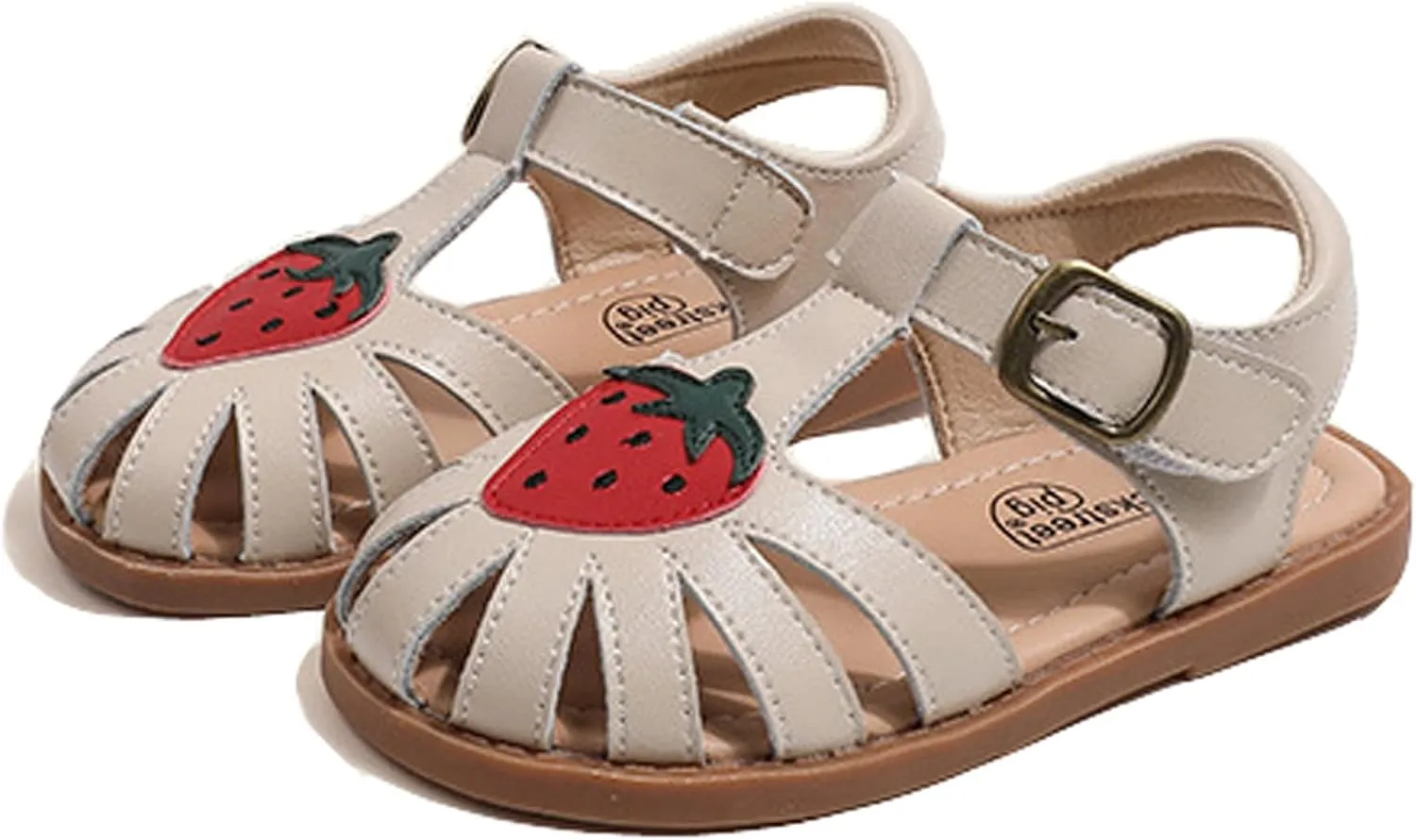 WUIWUIYU Toddlers Little Girls T-Strap Hook&Loop Dress Strawberry Summer Shoes Closed Toe Sandals