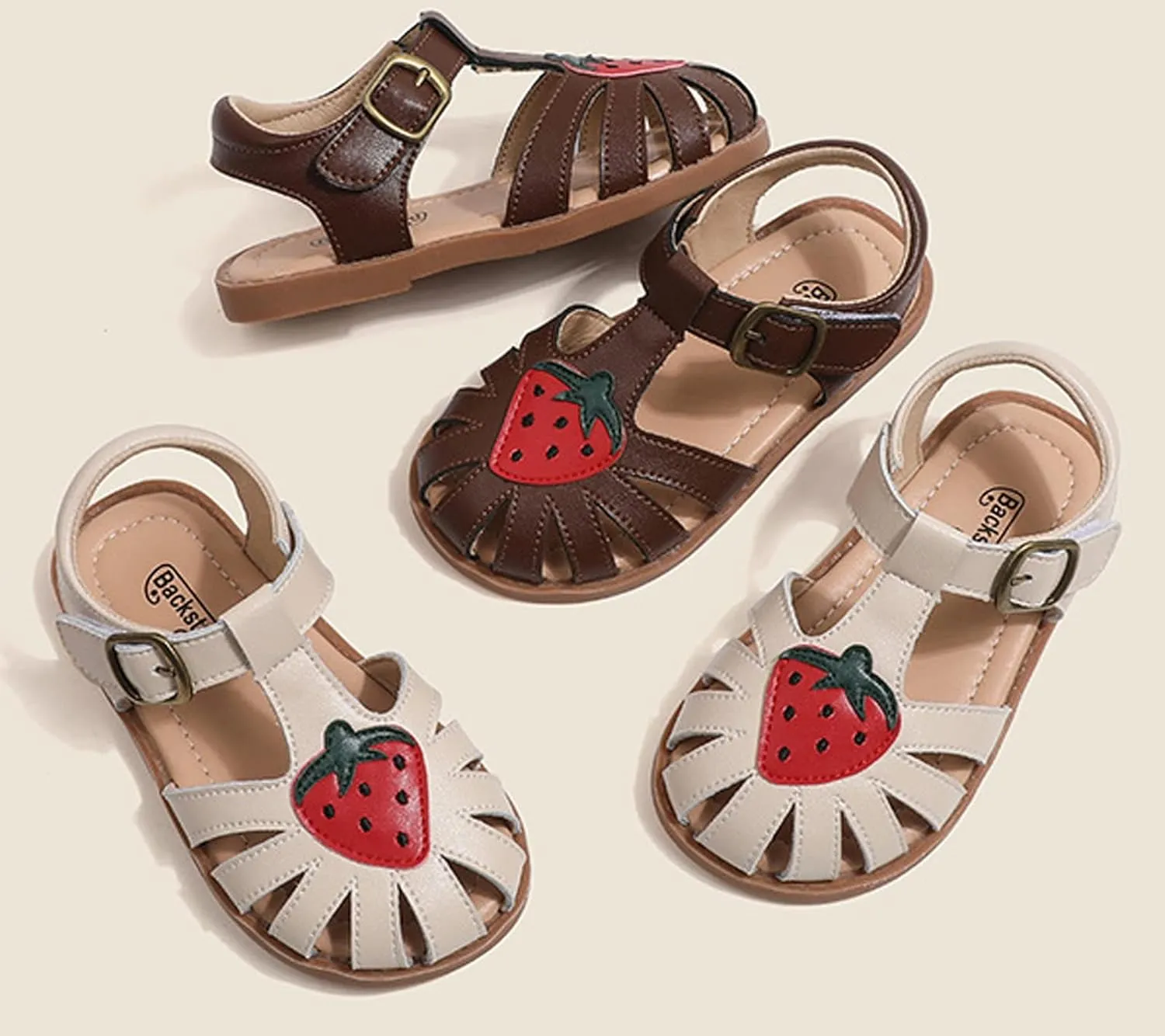 WUIWUIYU Toddlers Little Girls T-Strap Hook&Loop Dress Strawberry Summer Shoes Closed Toe Sandals