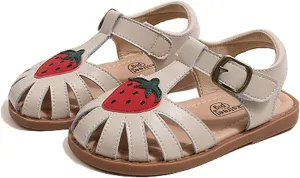 WUIWUIYU Toddlers Little Girls T-Strap Hook&Loop Dress Strawberry Summer Shoes Closed Toe Sandals