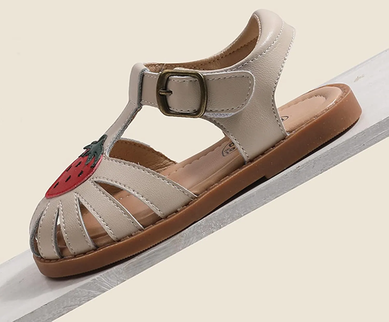 WUIWUIYU Toddlers Little Girls T-Strap Hook&Loop Dress Strawberry Summer Shoes Closed Toe Sandals