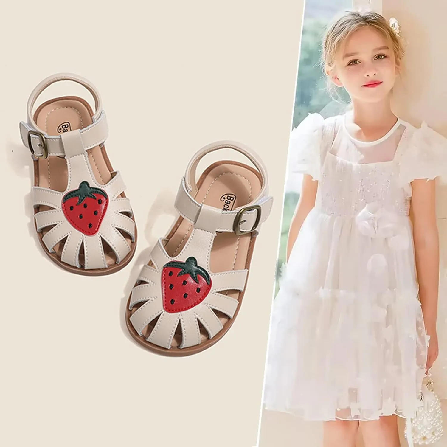 WUIWUIYU Toddlers Little Girls T-Strap Hook&Loop Dress Strawberry Summer Shoes Closed Toe Sandals