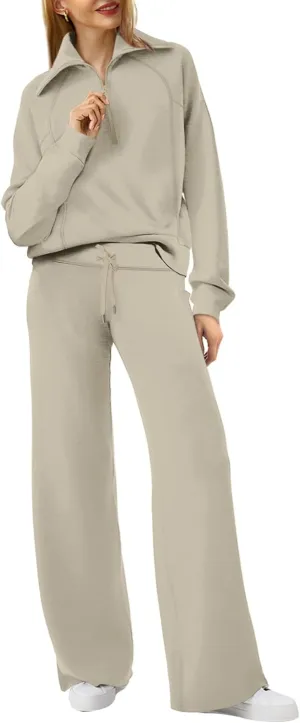 XIEERDUO Lounge Sets For Women 2024 Half Zip Sweatshirt And Wide Leg Sweatpant 2 Piece Outfits Sweatsuit Tracksuit
