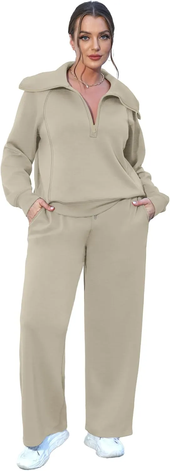 XIEERDUO Lounge Sets For Women 2024 Half Zip Sweatshirt And Wide Leg Sweatpant 2 Piece Outfits Sweatsuit Tracksuit