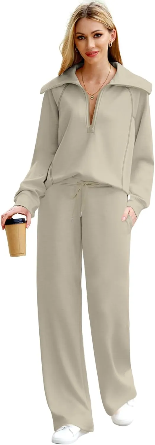 XIEERDUO Lounge Sets For Women 2024 Half Zip Sweatshirt And Wide Leg Sweatpant 2 Piece Outfits Sweatsuit Tracksuit