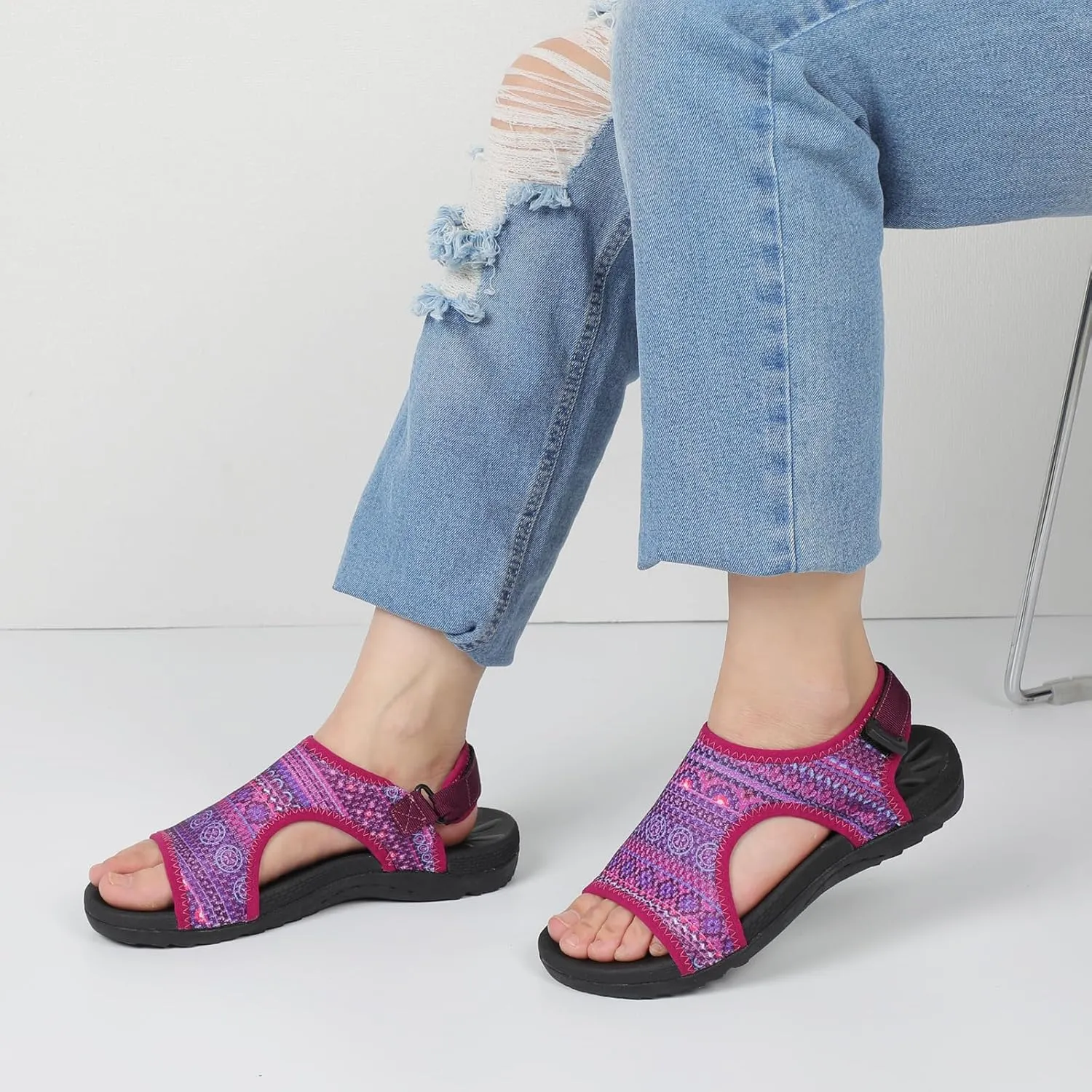 XIHALOOK Womens Orthopedic Walking Sandals with Adjustable Hooks Open Toe Sports Sandals Breathable Knit Summer Shoes