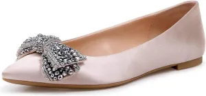 XYD Women Classic Pointy Toe Ballet Flats Rhinestone Bows Slip On Basic Office Dress Satin Shoes