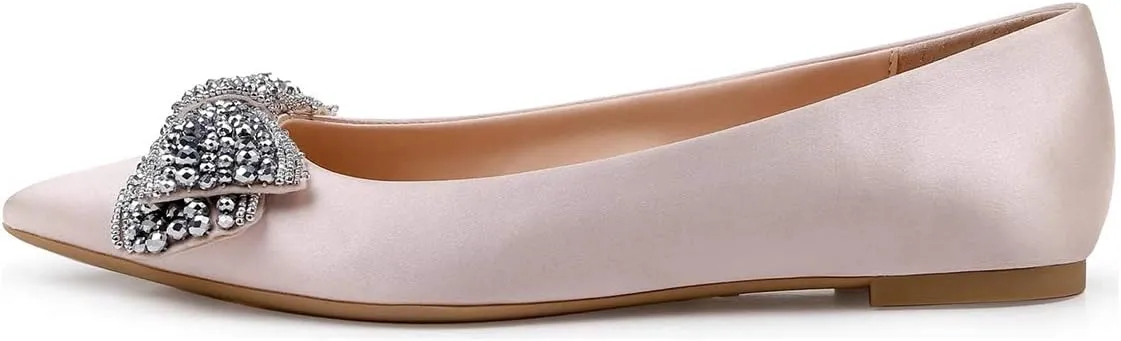 XYD Women Classic Pointy Toe Ballet Flats Rhinestone Bows Slip On Basic Office Dress Satin Shoes